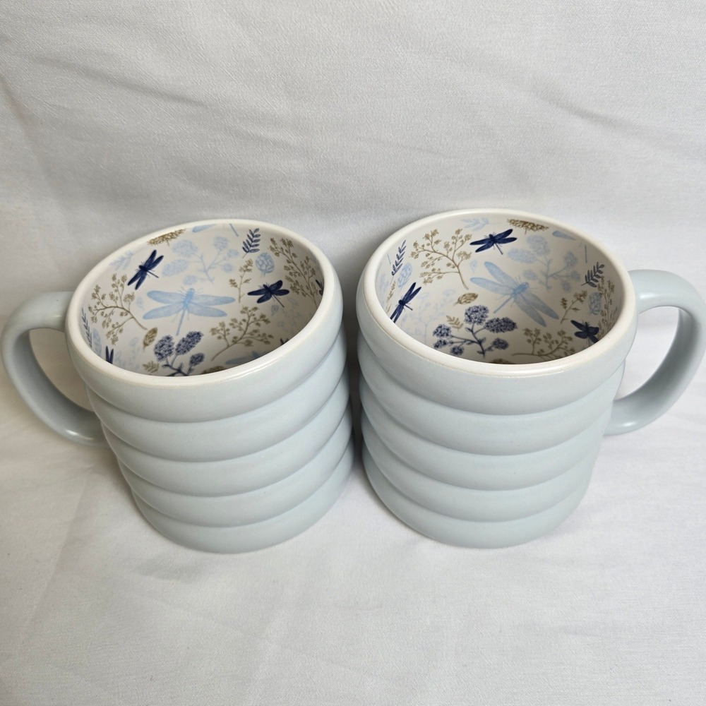 Breeganjane Floral Dragonfly Reverse Print Mugs, Light Blue, 4.25" x 4" Set of 2